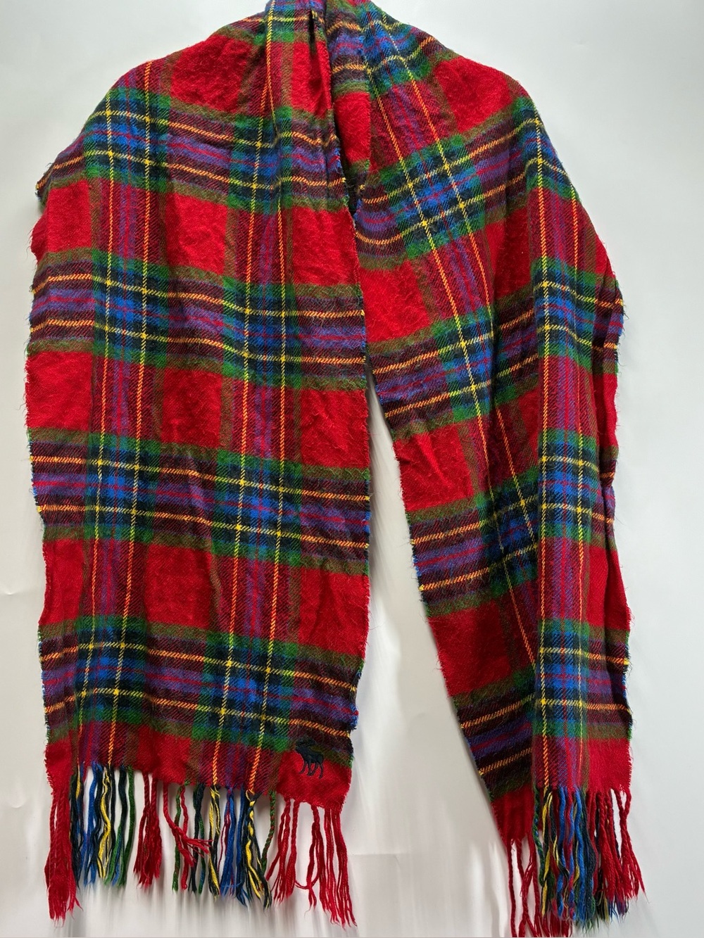 Abercrombie Fitch Red Gingham Plaid Fringe Scarf Long wrap Fall Winter